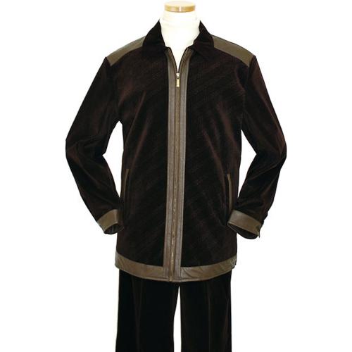 Pronti Chocolate Brown Velour Corduroy Casual 2 Pc Suit With Leather Trimming / Self Italian Design BP5928P